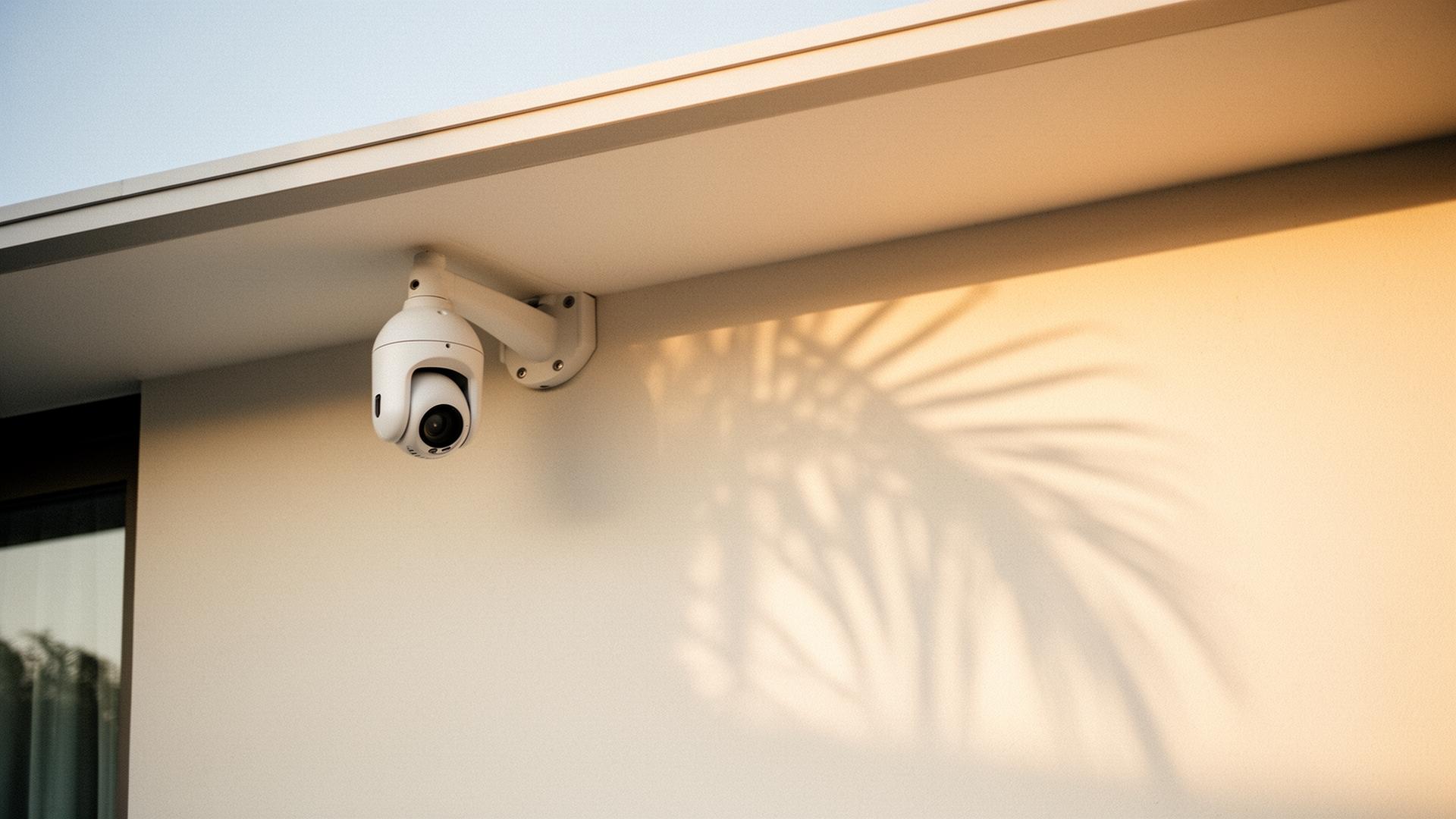 Turret IP camera mounted under a villa eave