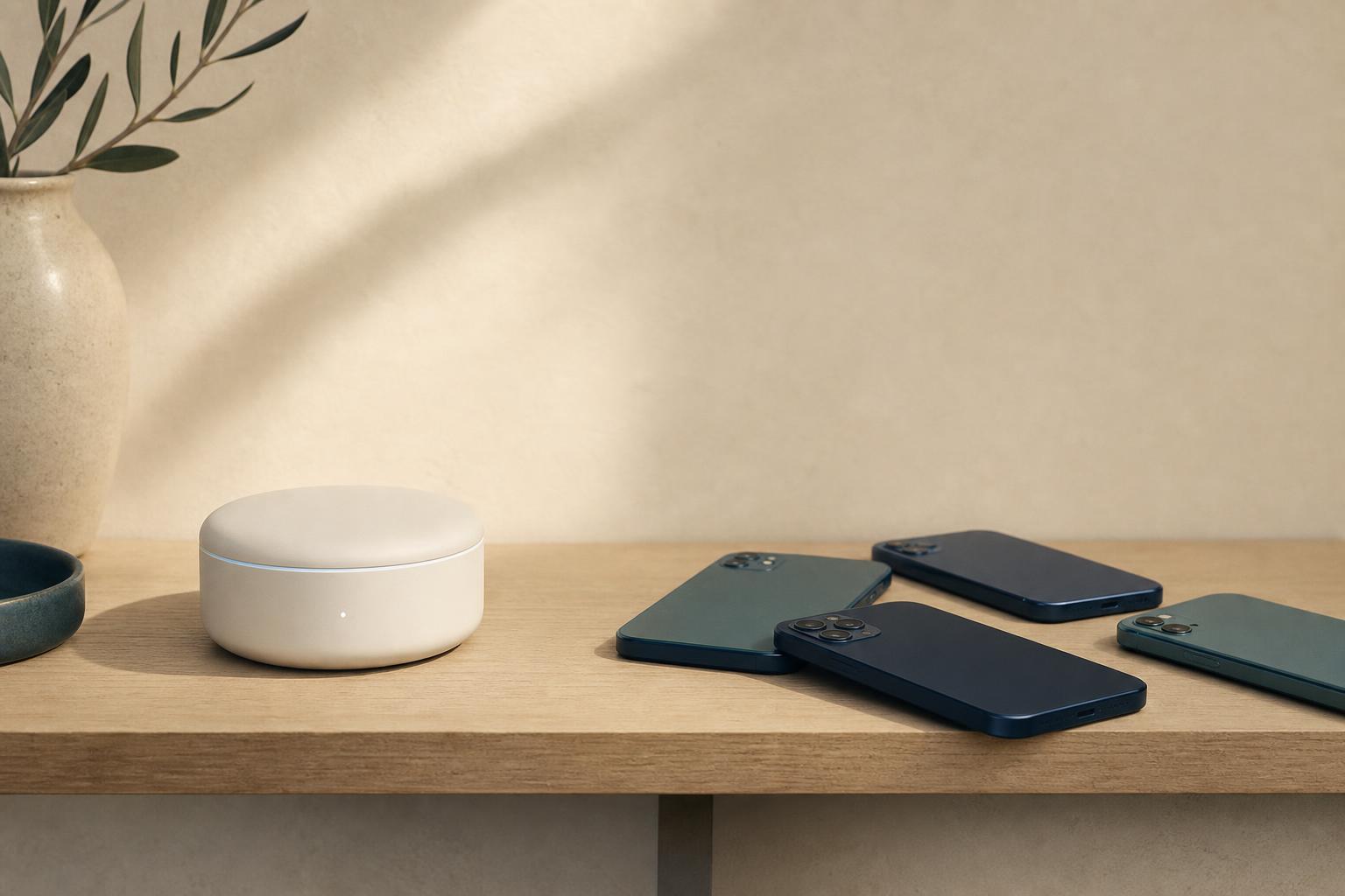 A single smart-home hub on a shelf next to several scattered phones