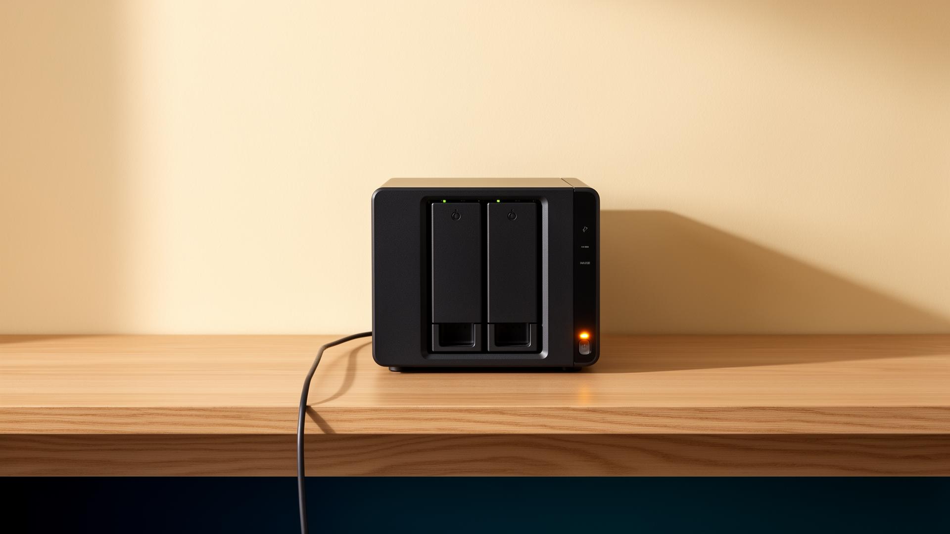 Two-bay desktop NAS on a wooden shelf